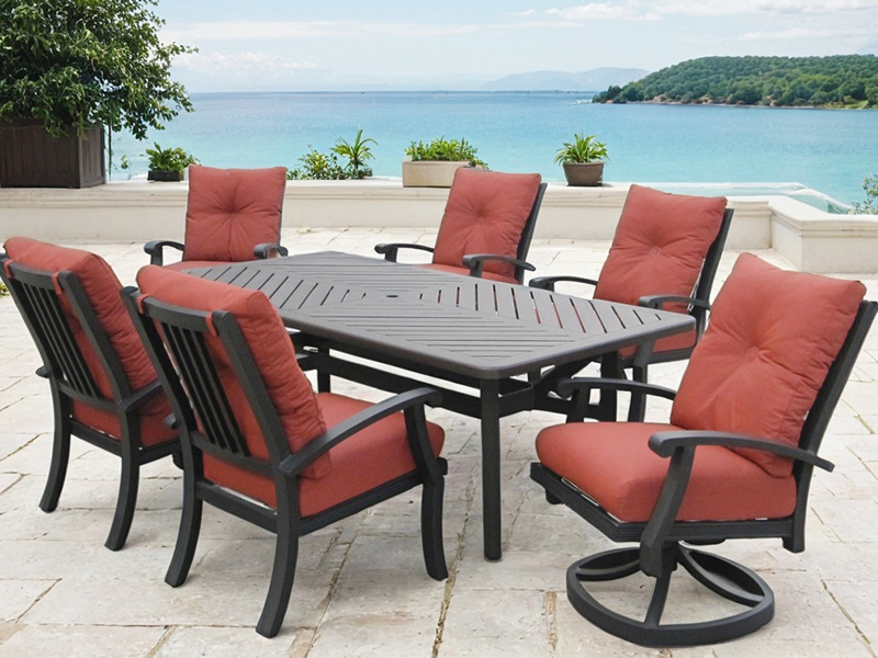 Chateau Aluminium Outdoor Essgruppe mit Polstern – 7-teilig (86 × 44 Zoll Esstisch)